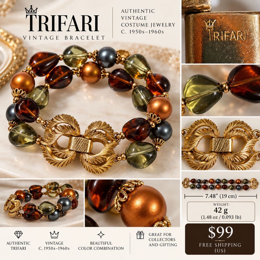 Vintage Trifari Double Strand Beaded Bracelet Signed 7.48 in